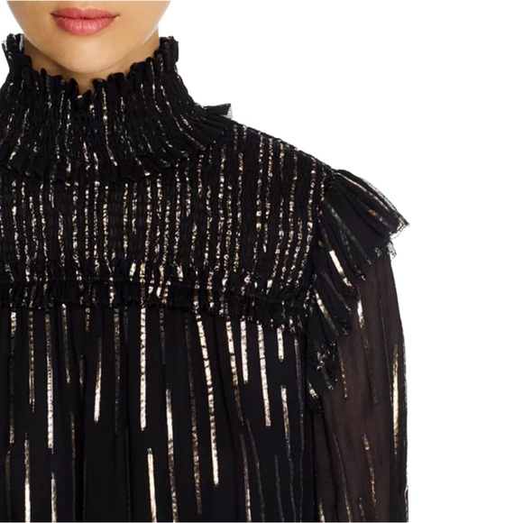 Elie Tahari Metallic Silk Ruffled High Neck Smocked Romantic Sparkly Blouse S - Picture 8 of 10